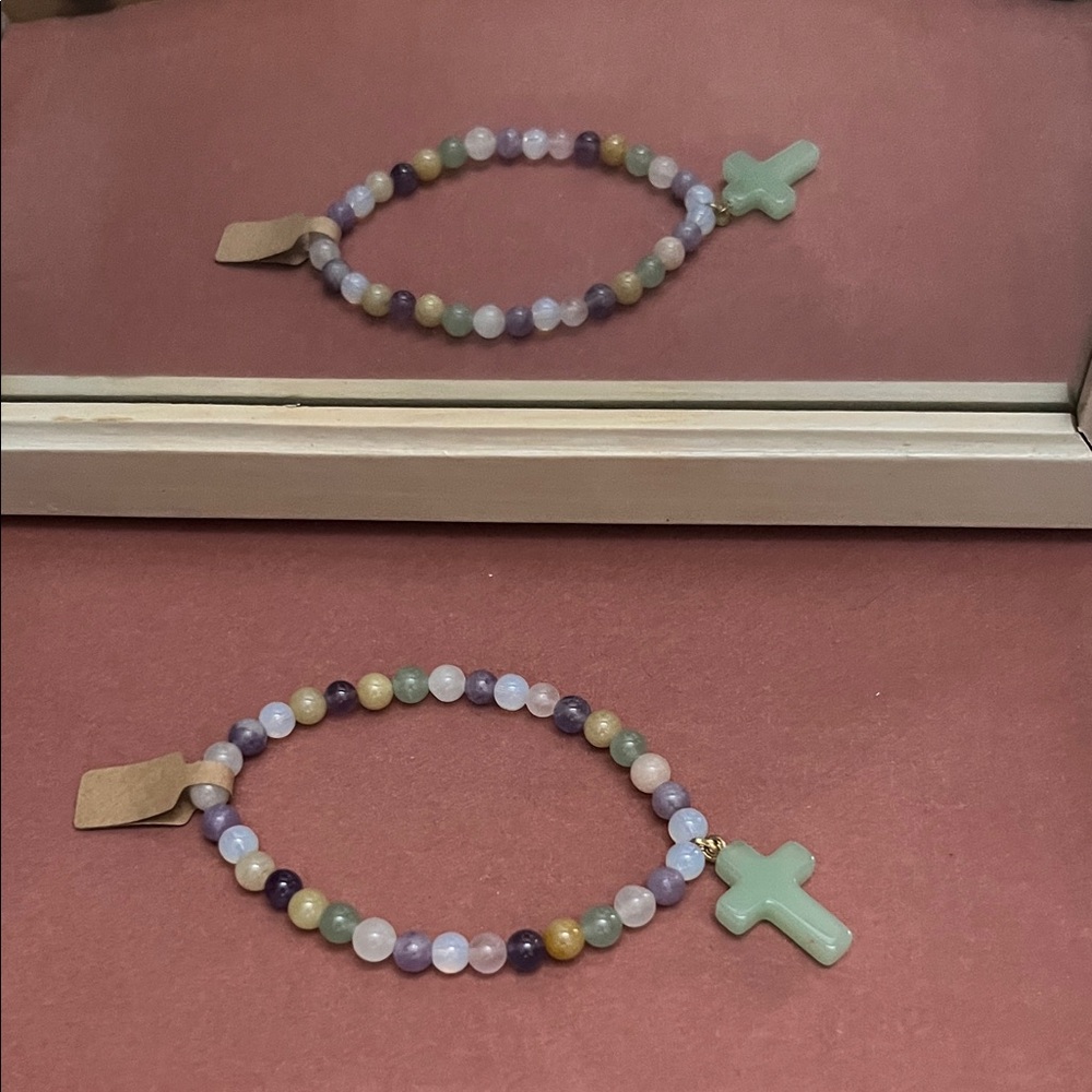 Pastel Beaded Bracelet with Green Cross Charm